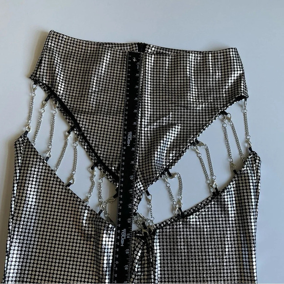 Finesse Sadie Cut-Out Metallic Silver Flare Pants Disco Chains Sz M Burning Man - Picture 9 of 13